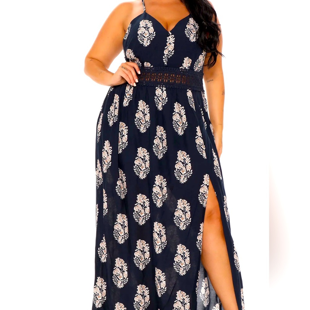 Double Slit Maxi Dress. Navy/Taupe. Medium